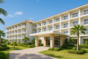 白い外観と赤瓦屋根が特徴的な南国リゾートホテル