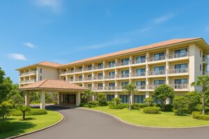 青空と緑に囲まれたモダンなリゾートホテルの外観