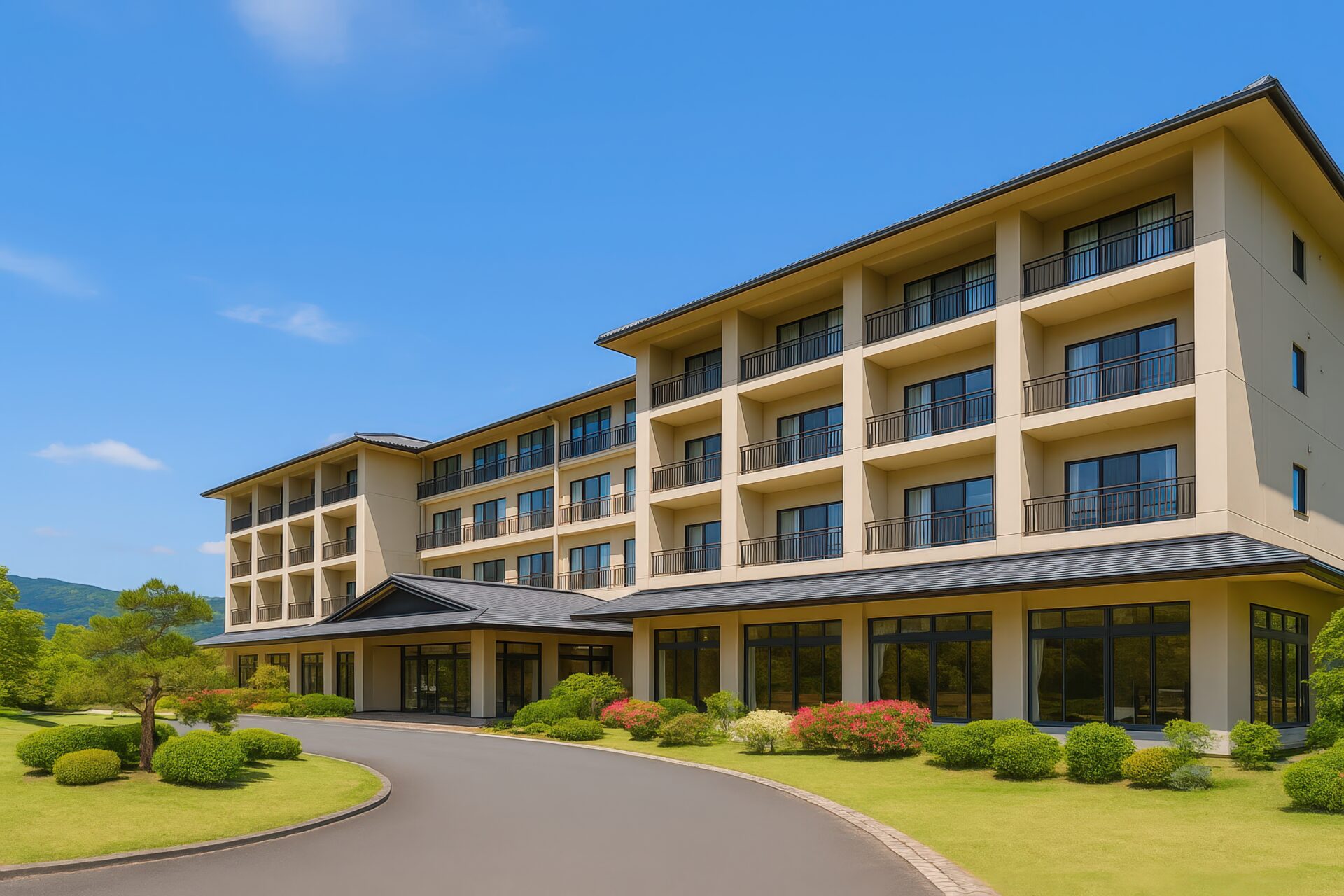 日本庭園風の植栽がある高級ホテルの外観