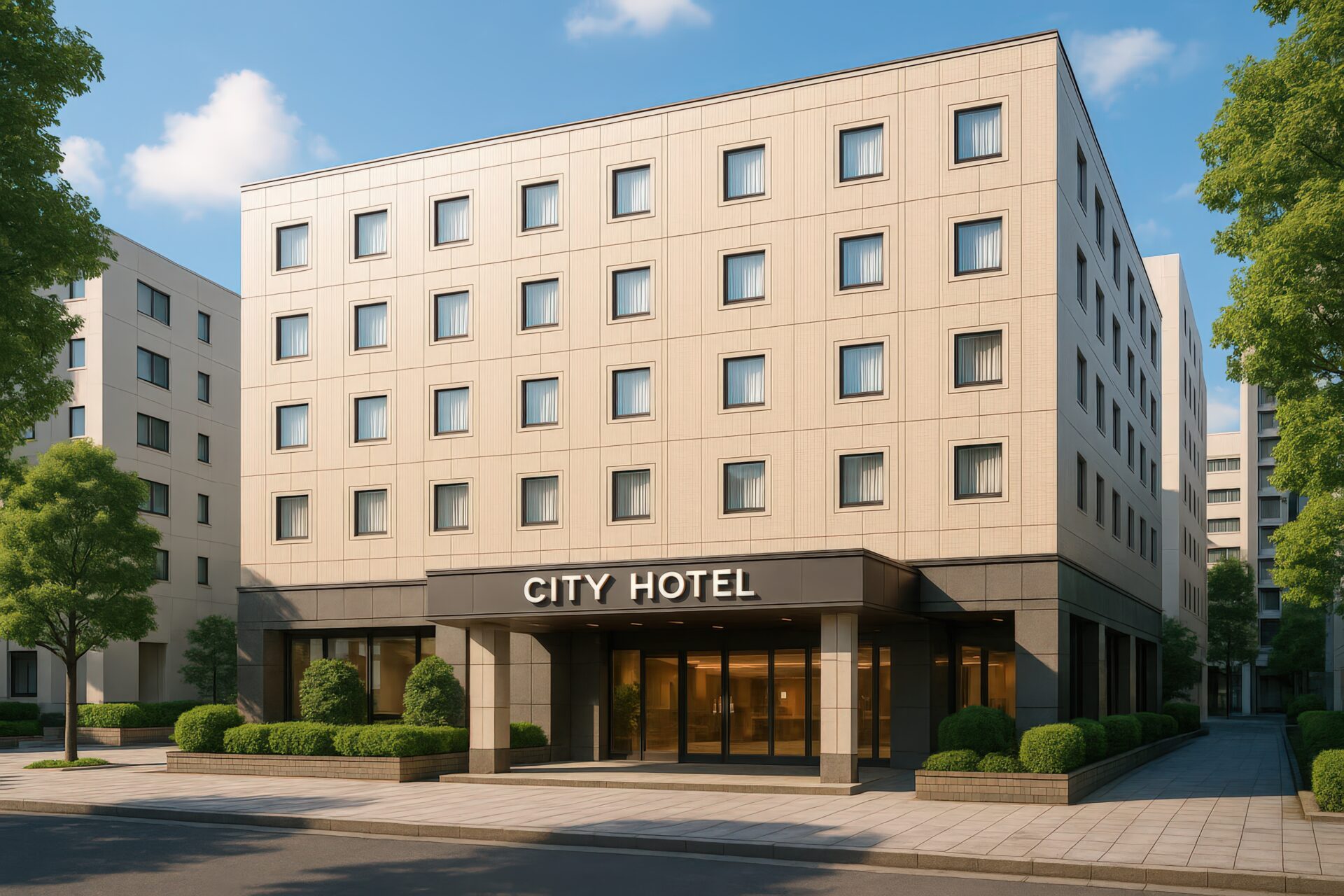 シンプルなデザインのシティホテルと街路樹