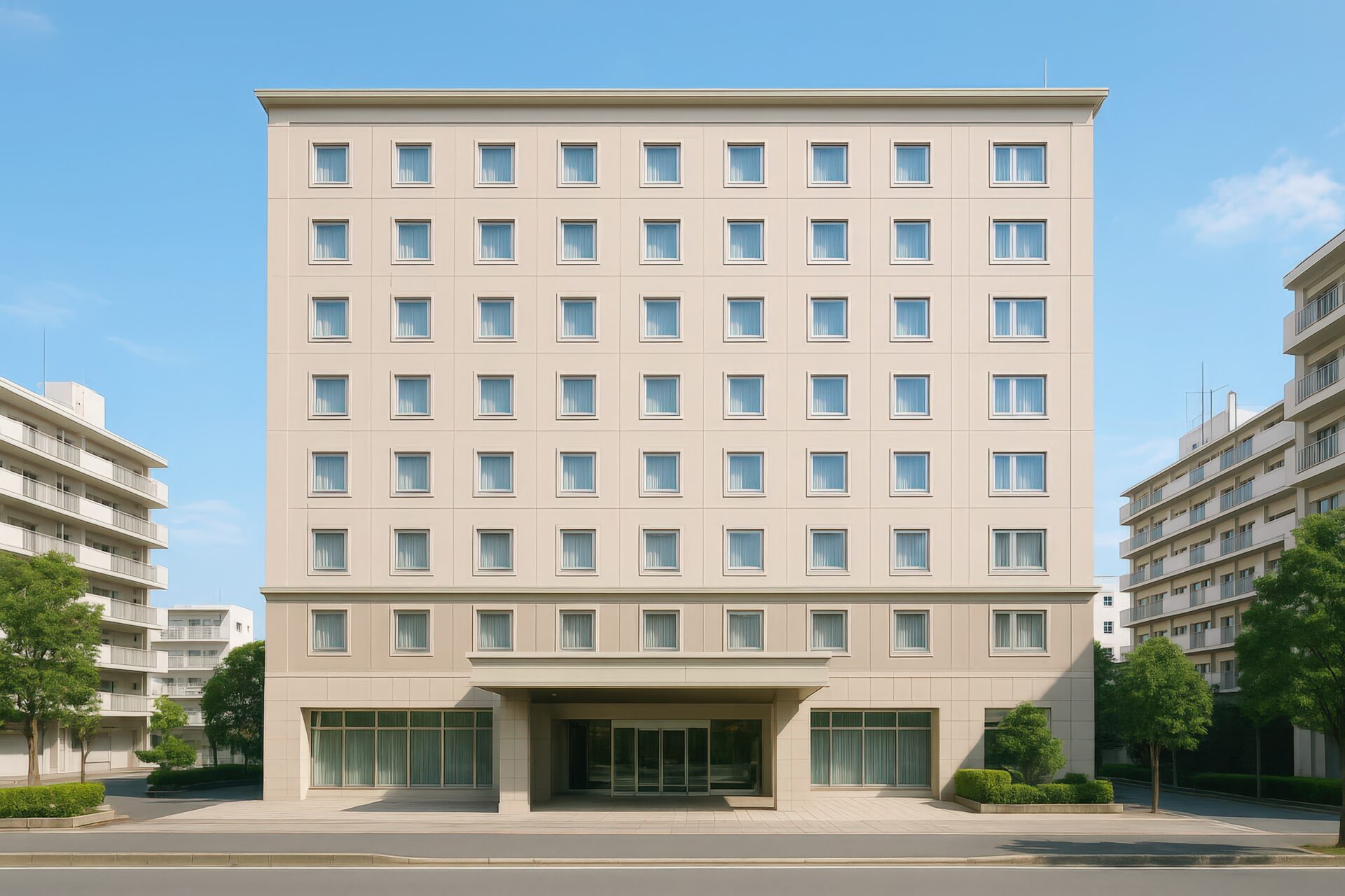 直線的な外観の都市型ホテルと周囲の建物