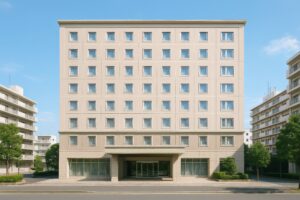 直線的な外観の都市型ホテルと周囲の建物