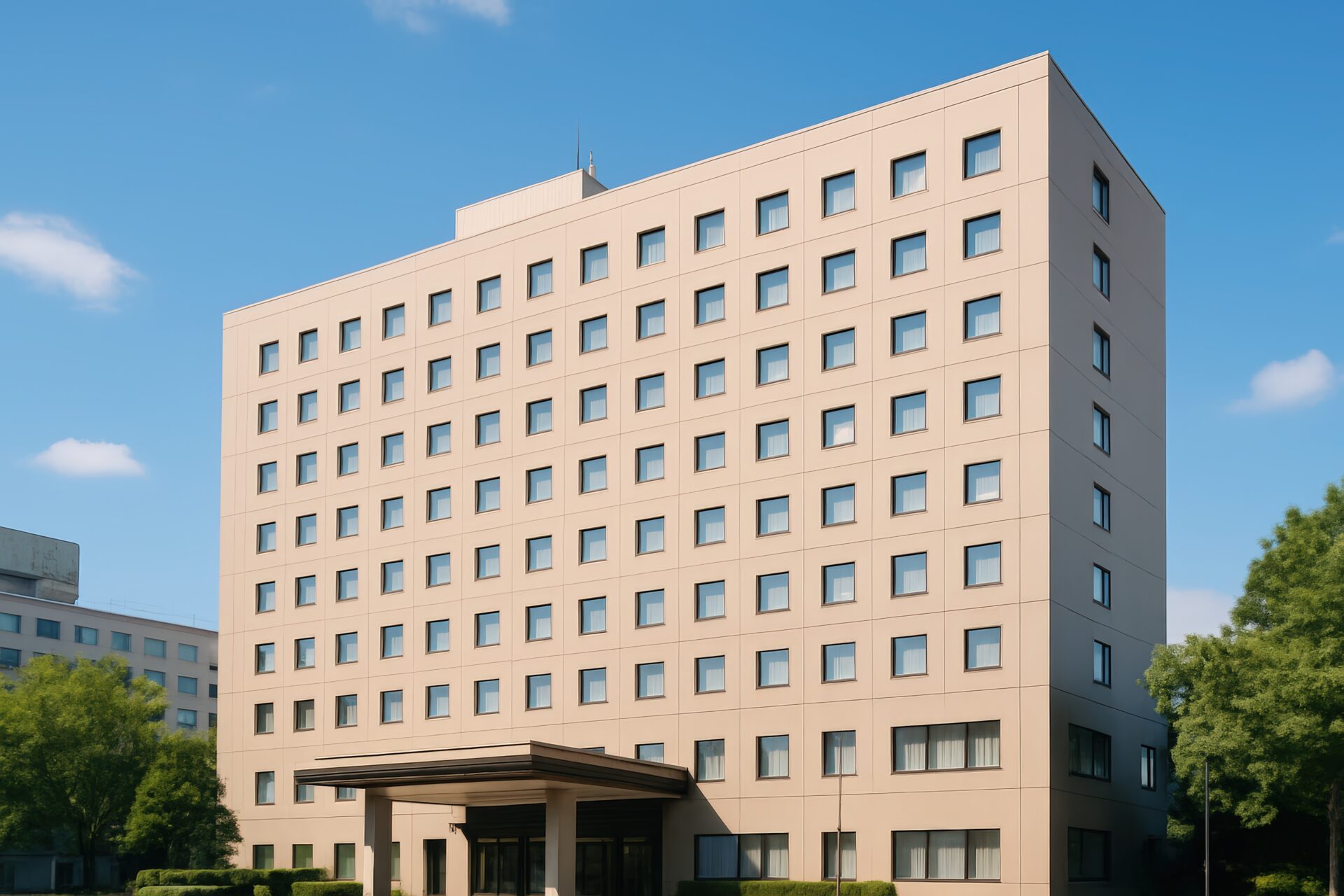 高層ビルに囲まれたCITY HOTELの全景