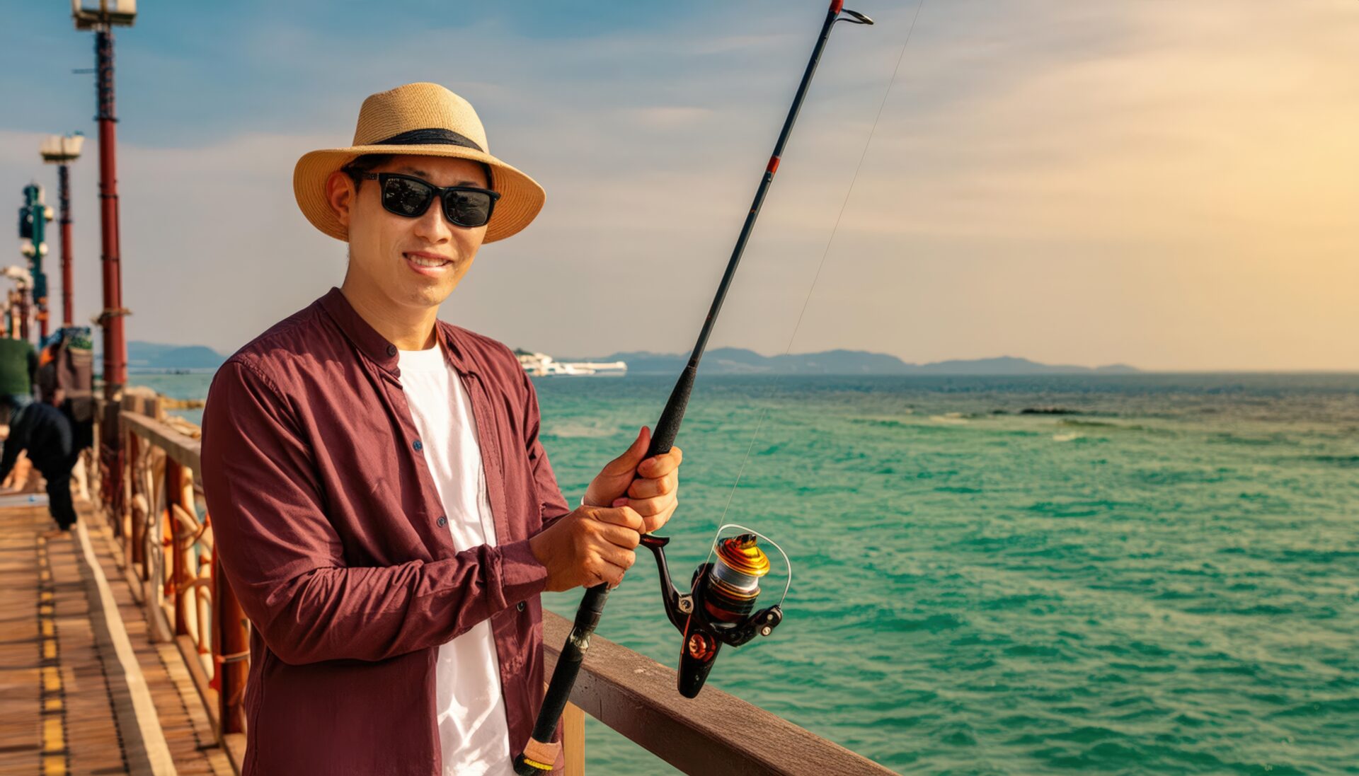 桟橋で釣りを楽しむ帽子をかぶった男性