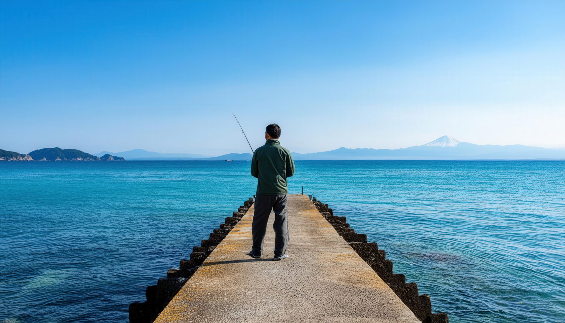 海辺の桟橋で釣りを楽しむ男性と富士山