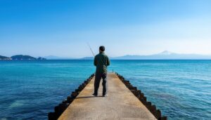 海辺の桟橋で釣りを楽しむ男性と富士山