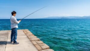 海辺の防波堤で釣りを楽しむ男性