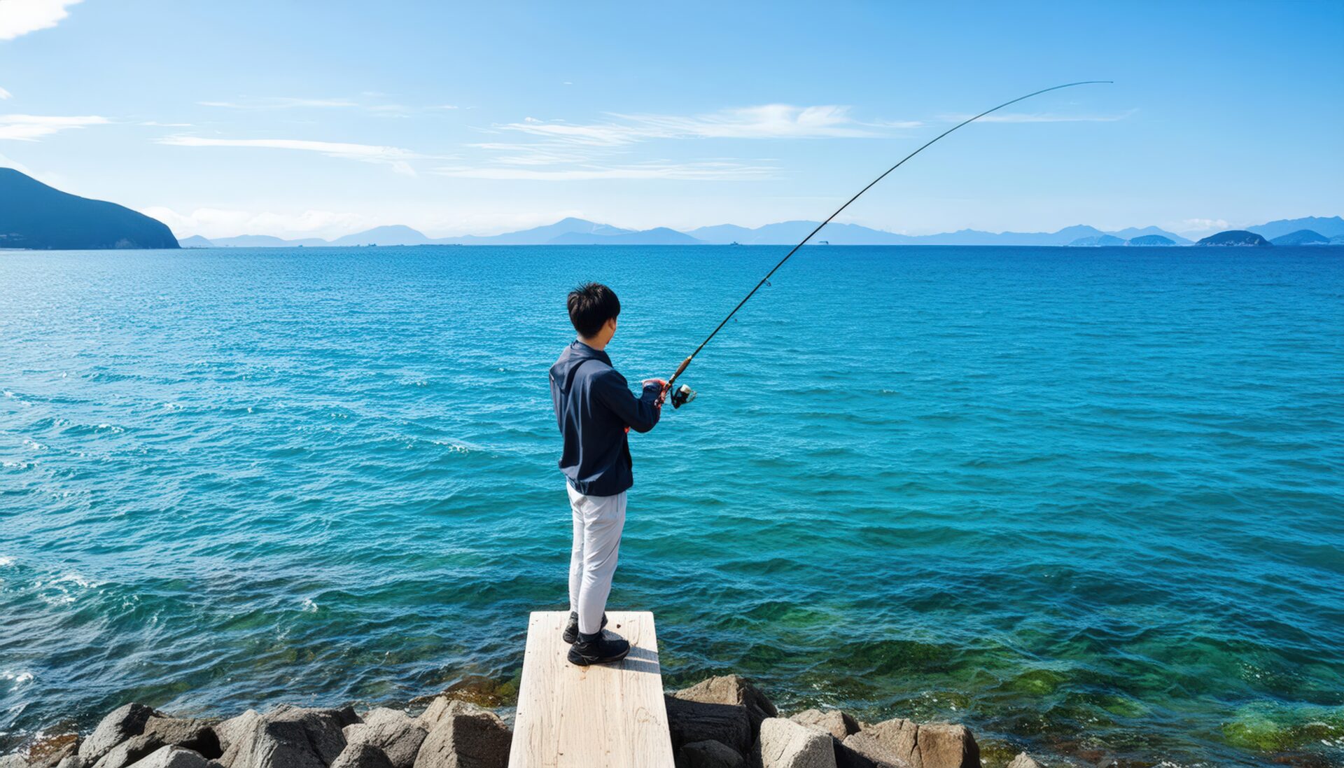 防波堤で釣りをする男性