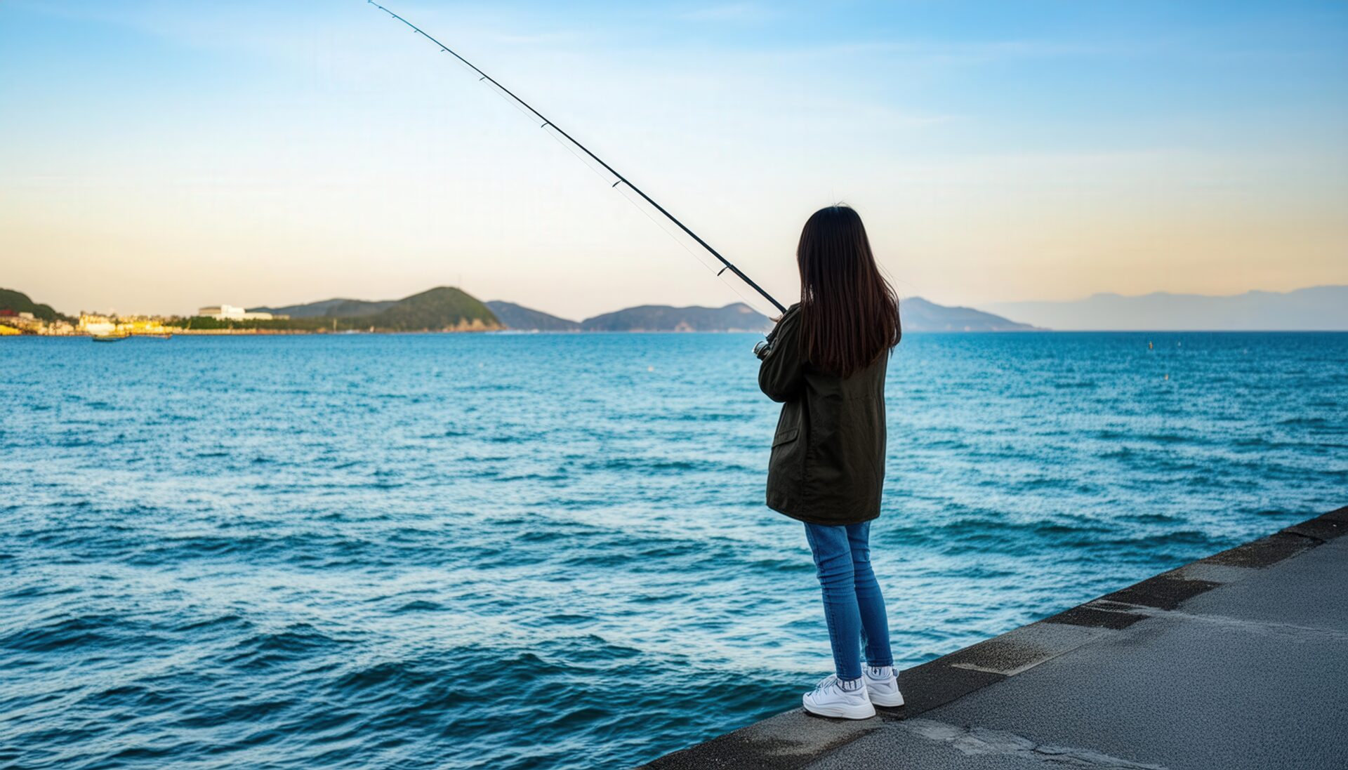海辺の防波堤で釣りをする女性