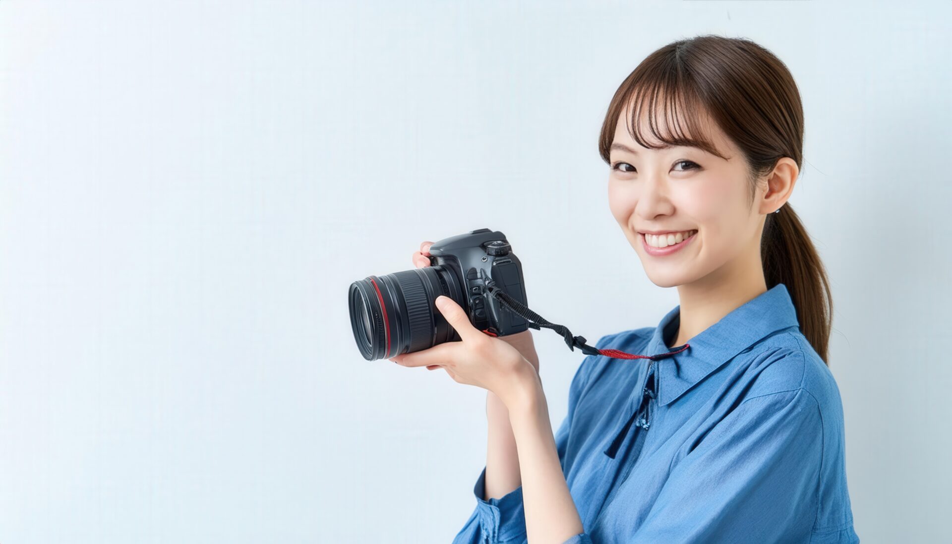 スタジオでカメラを持つ笑顔の女性