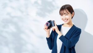 カメラを持って笑顔の女性（青いカーディガン）