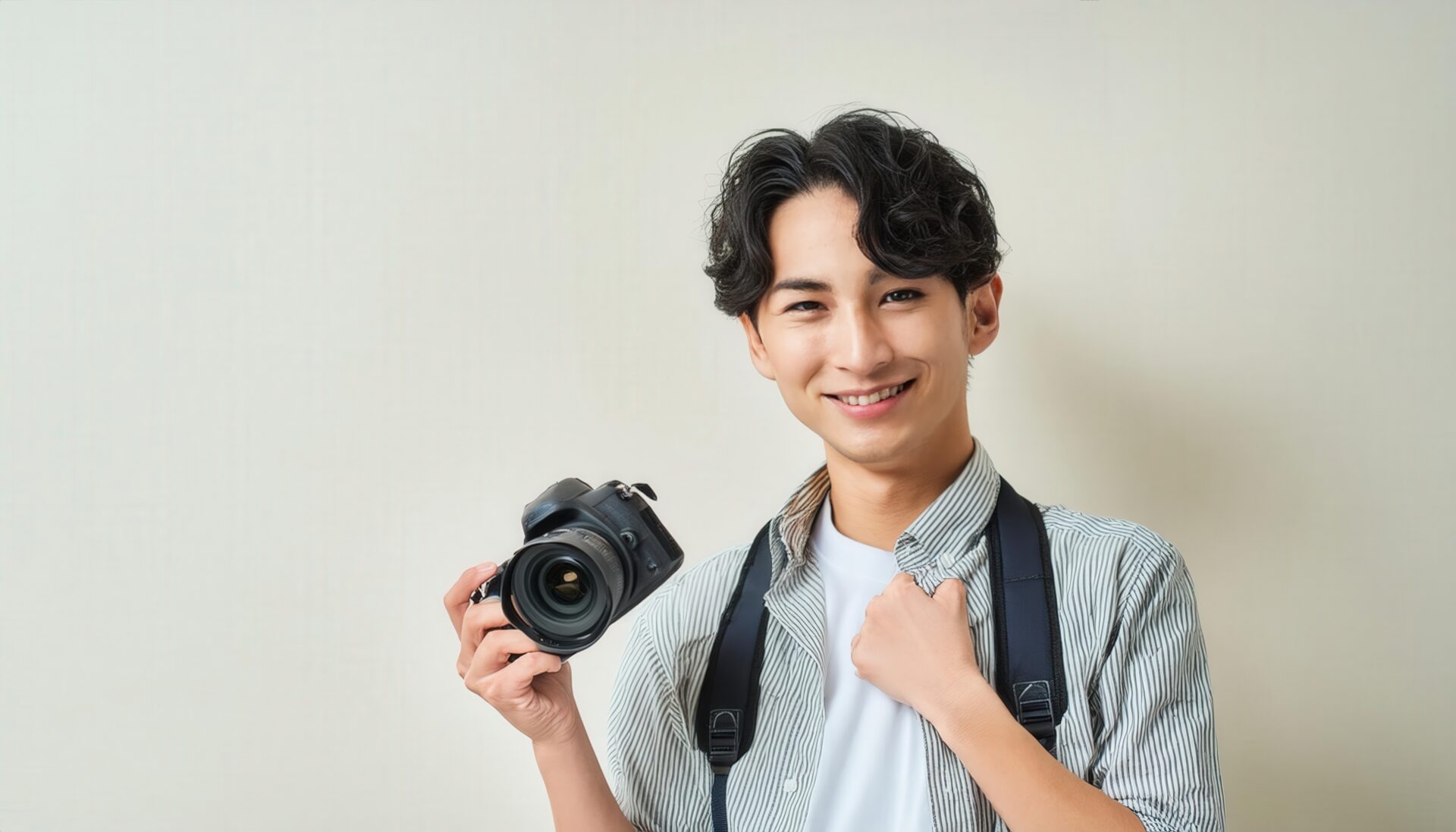 カメラを持つ男性の笑顔（室内）