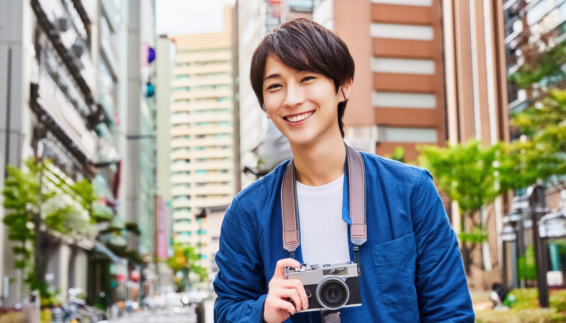 街中でカメラを持つ男性の笑顔