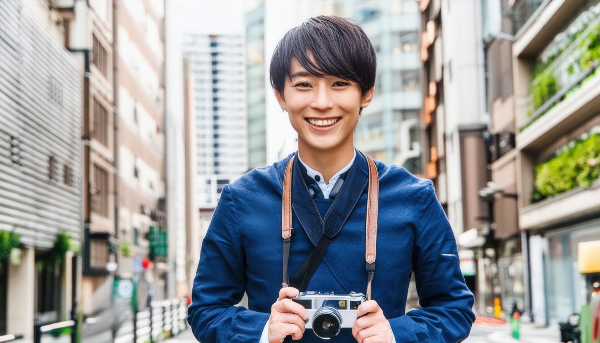 都会の街中でカメラを持つ男性のポートレート