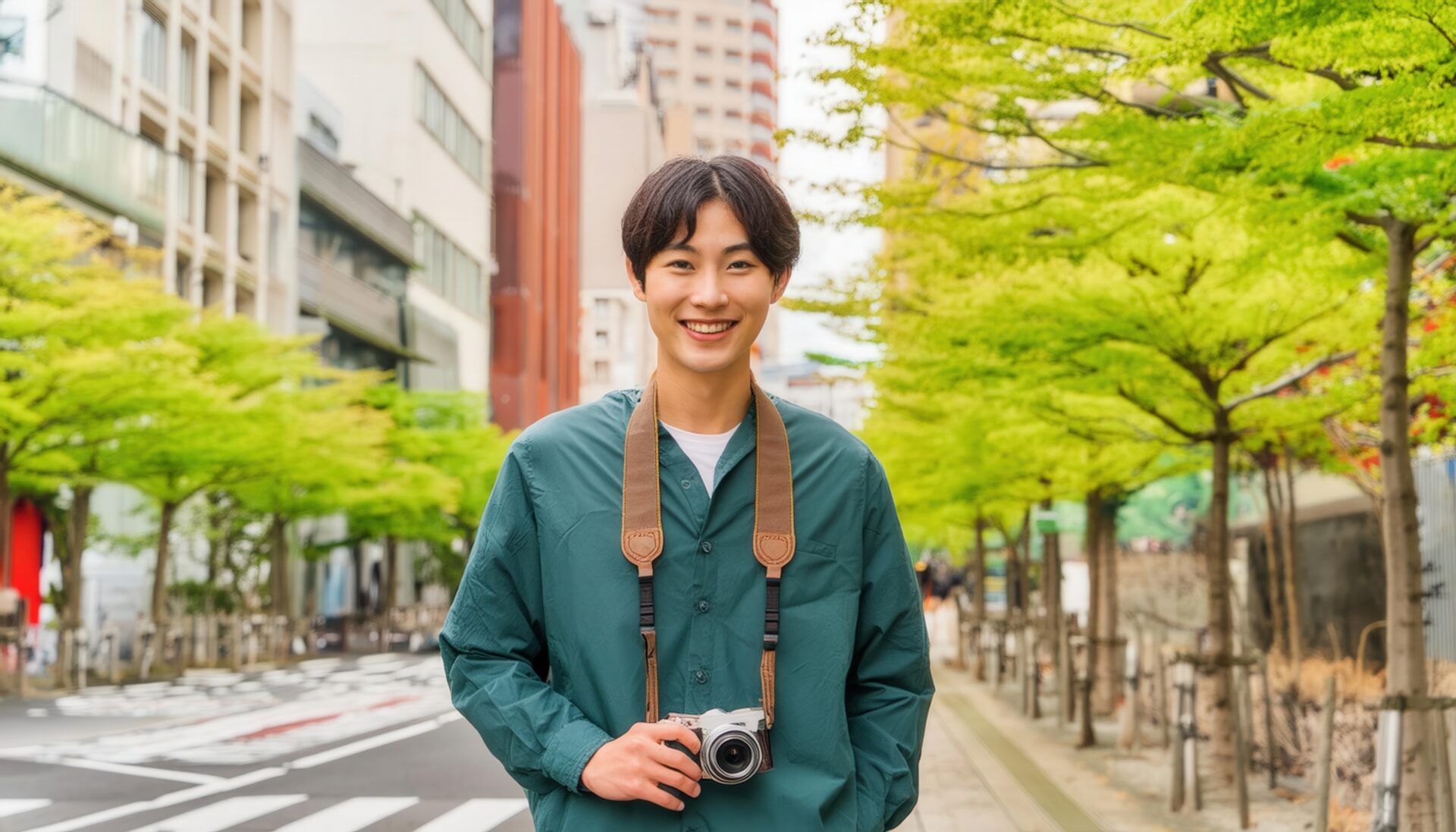 緑道でカメラを持つ男性の笑顔