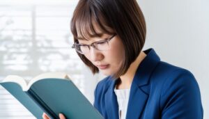 本を読む女性（眼鏡とブルースーツ）