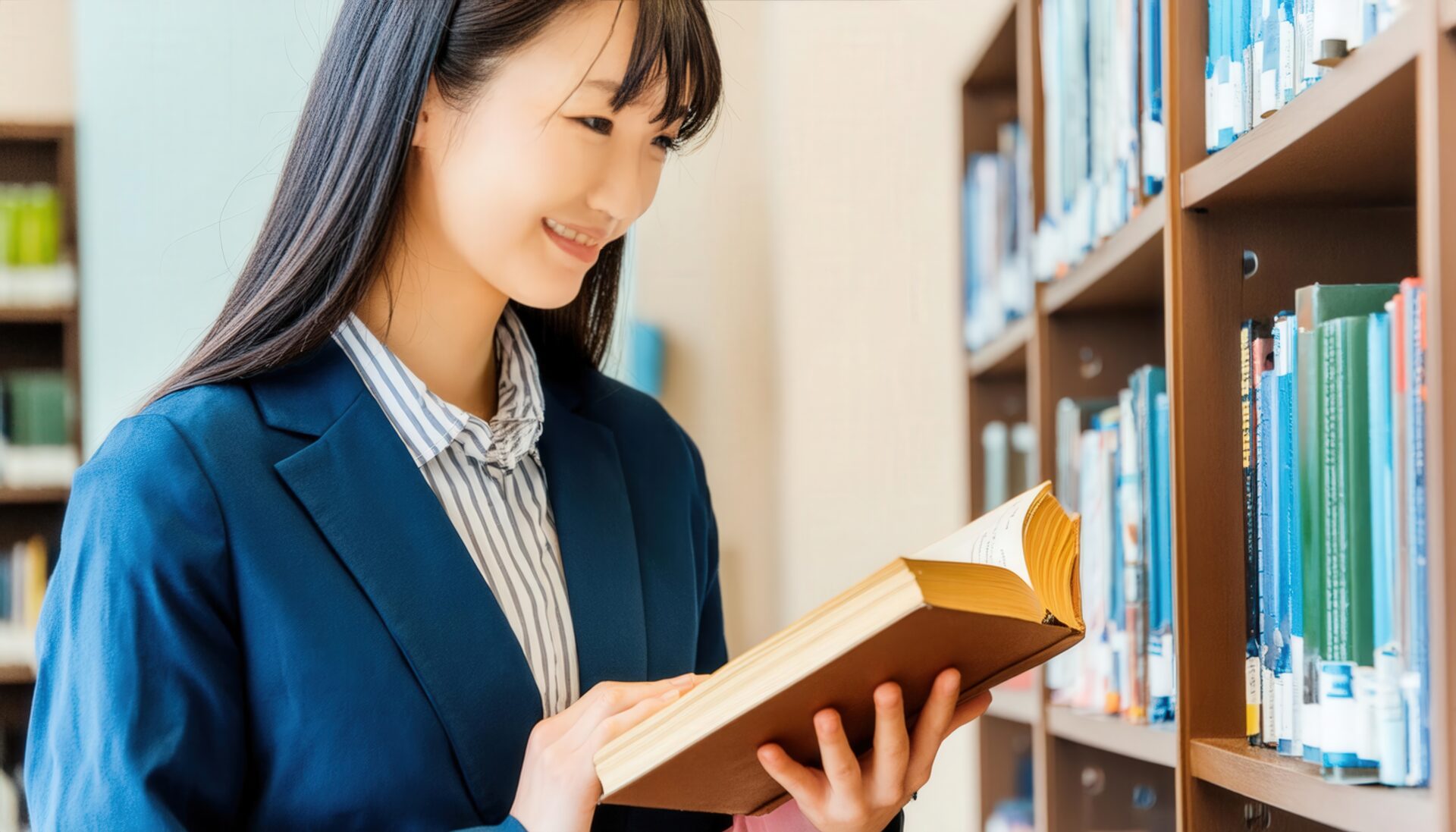 図書館で本を読む女性（スーツ）