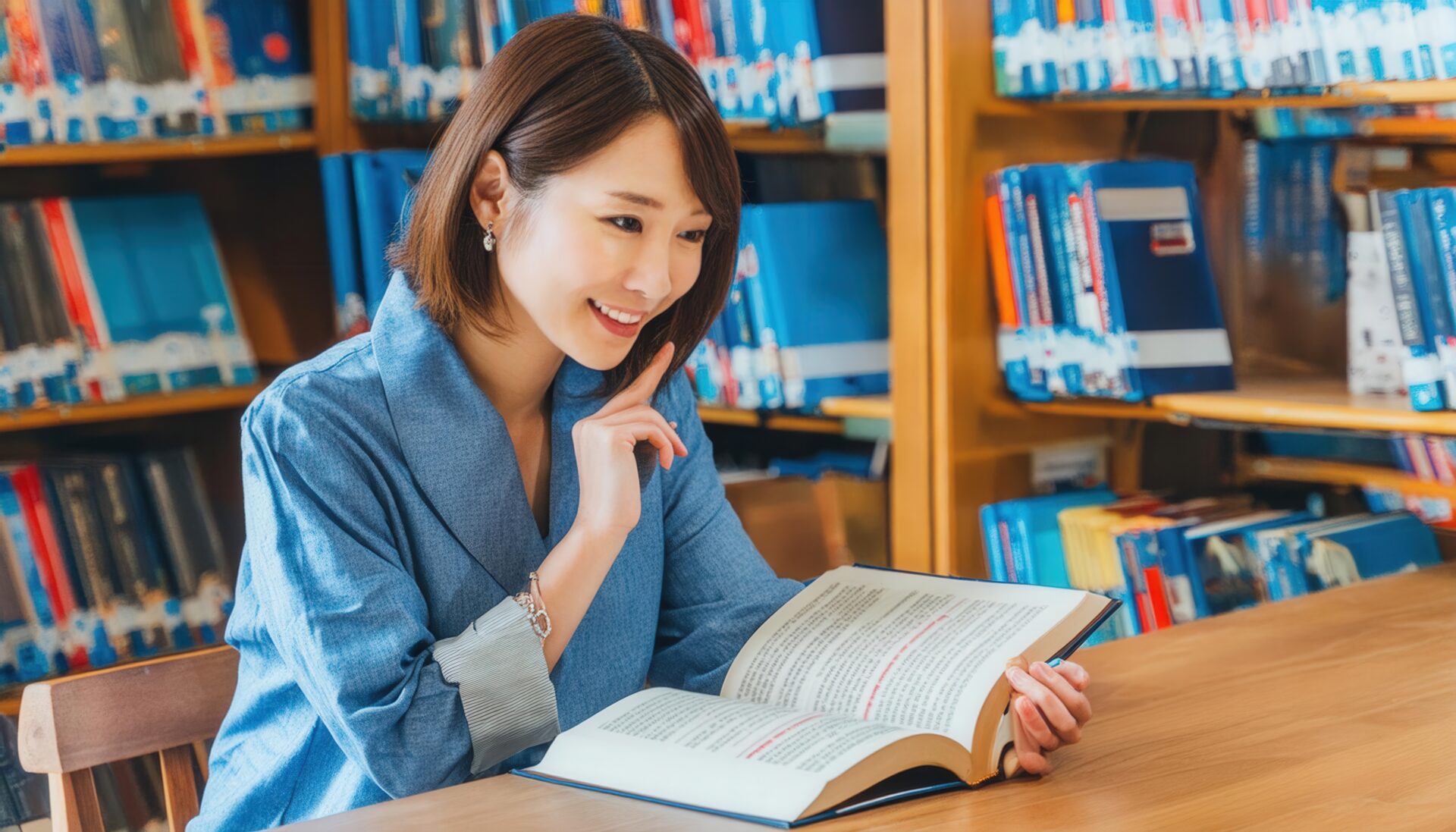 図書館で本を読む女性（青いシャツ）