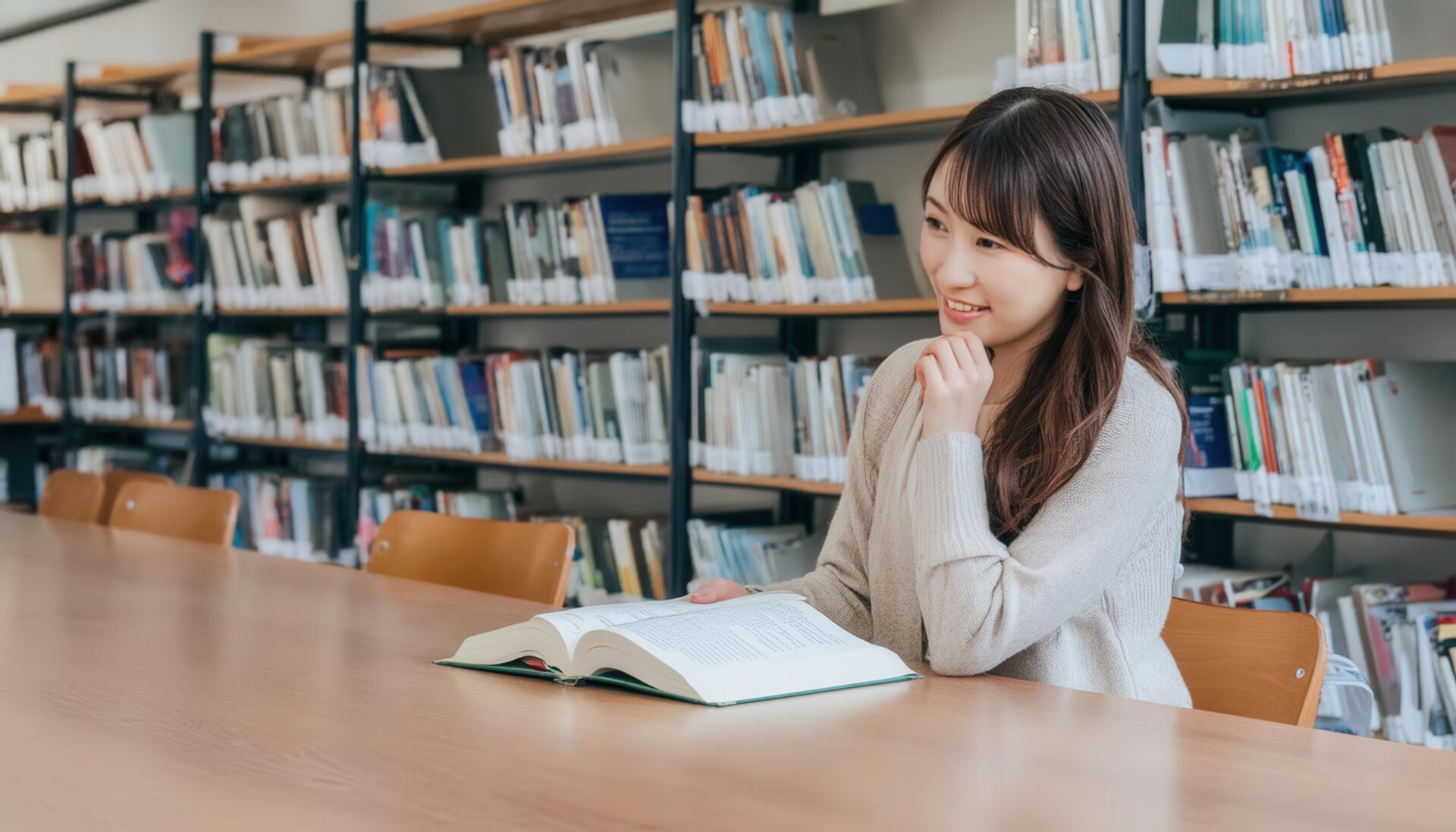 図書館で本を読む女性（白いセーター）