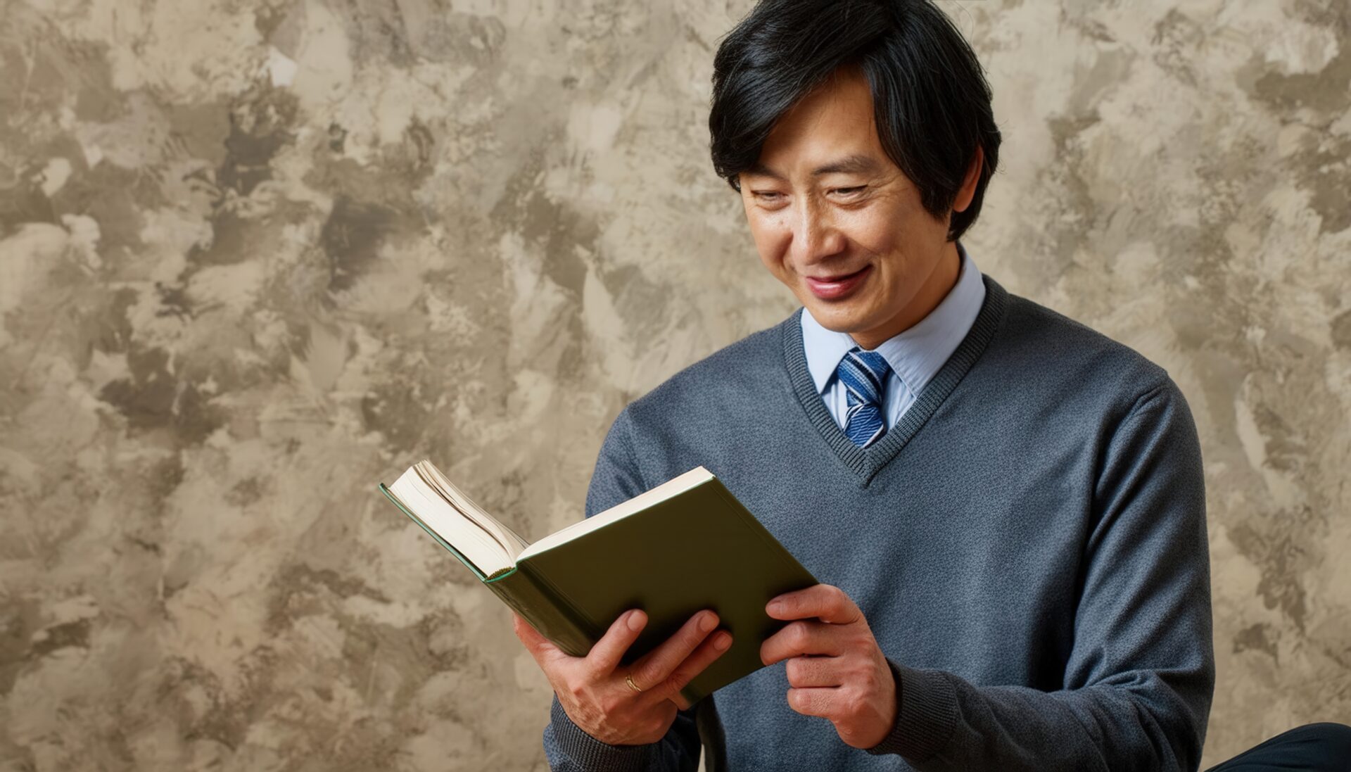 本を読む男性（スーツとグレーの壁）
