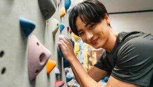 笑顔でボルダリングする男性