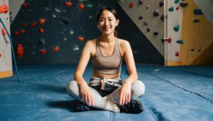 ボルダリングマットに座る女性