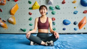 ボルダリングウォールの前で座る女性