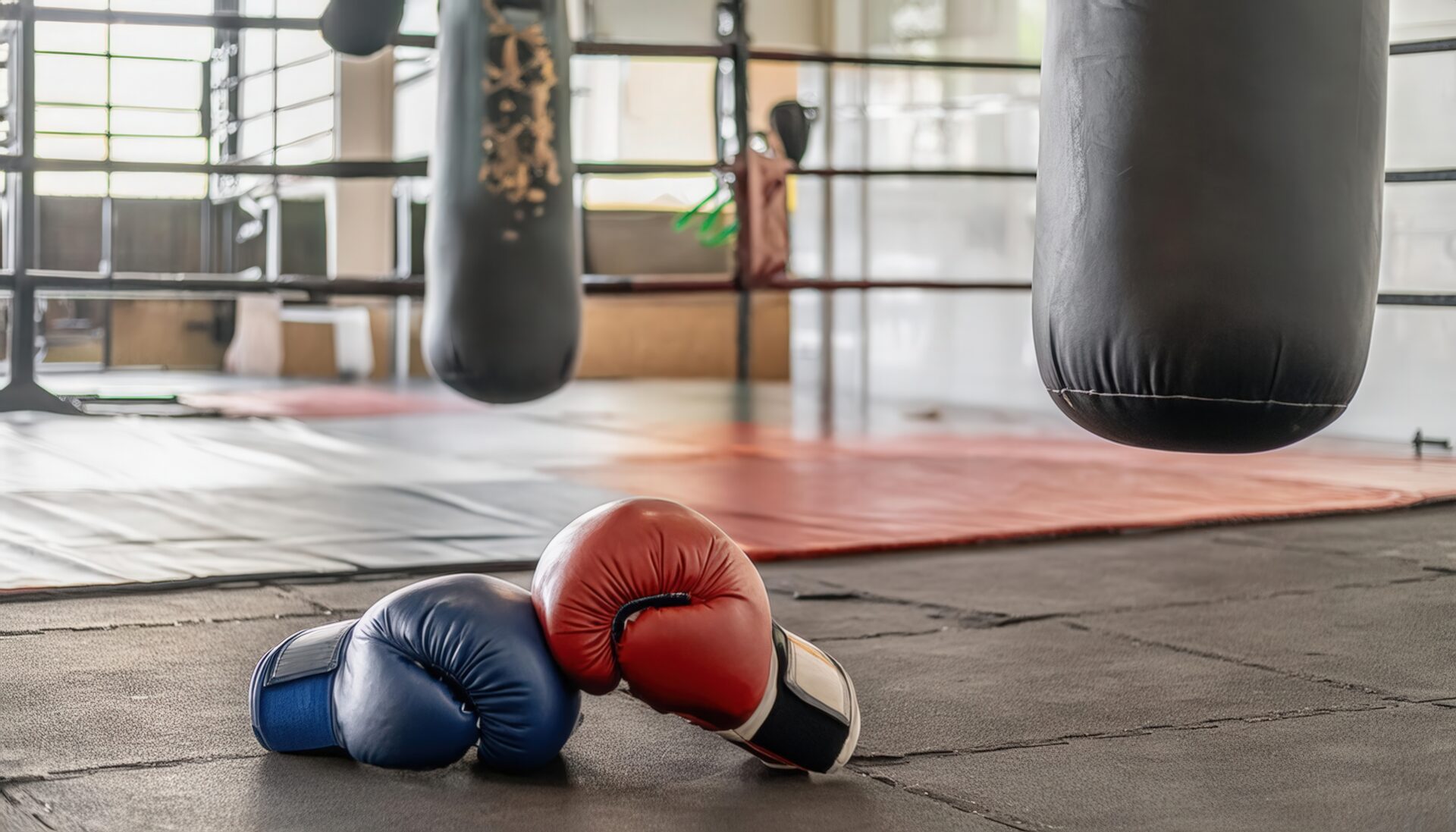 青と赤のボクシンググローブとリング