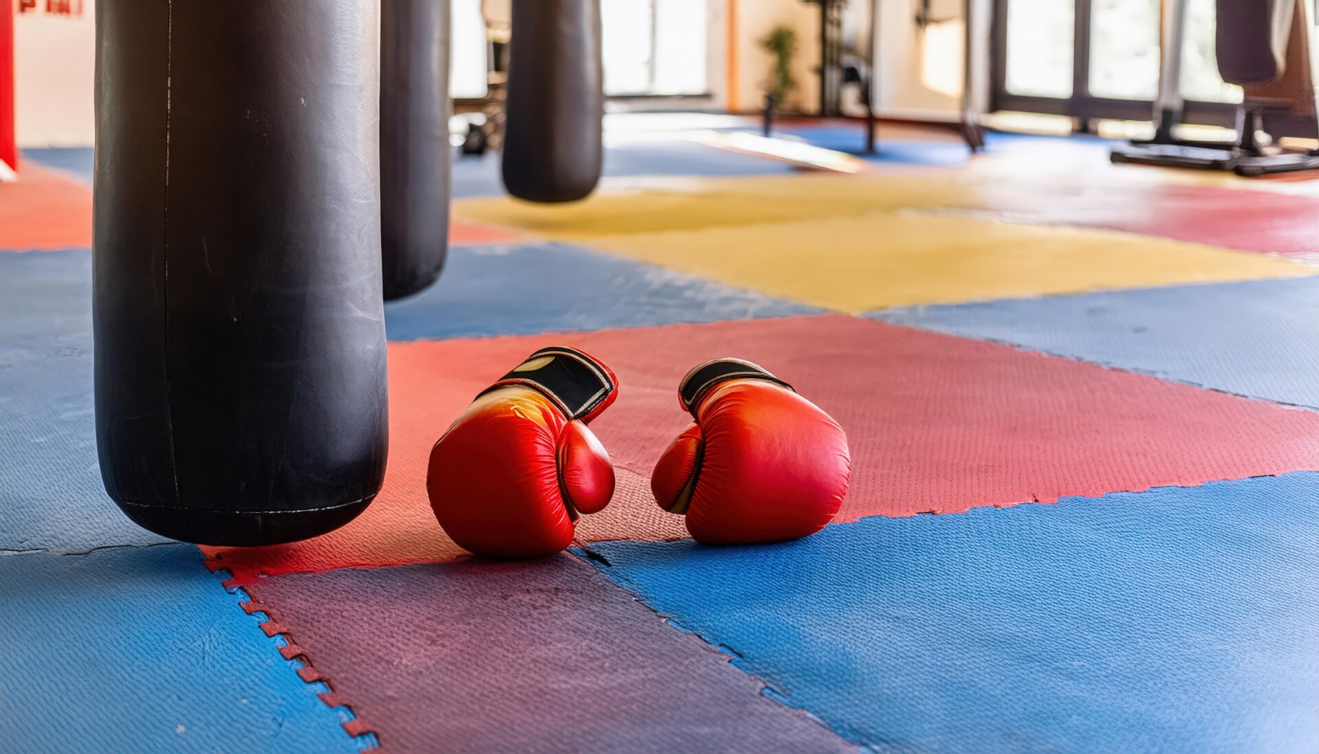 赤いボクシンググローブとサンドバッグ