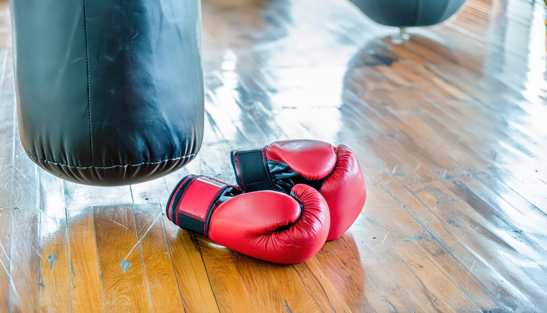 サンドバッグの前に置かれたボクシンググローブ
