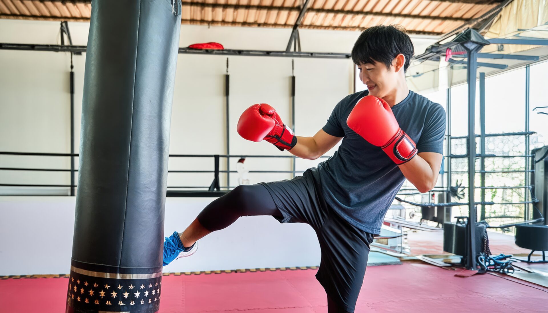 サンドバッグを蹴る男性