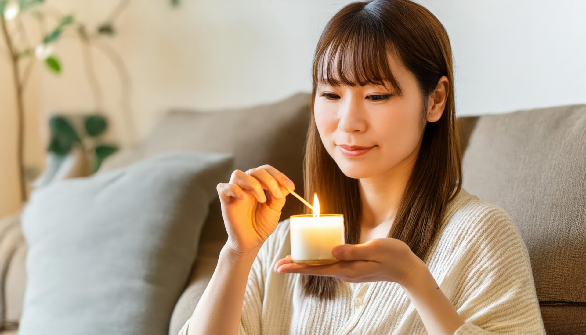 アロマキャンドルの炎を見つめる女性