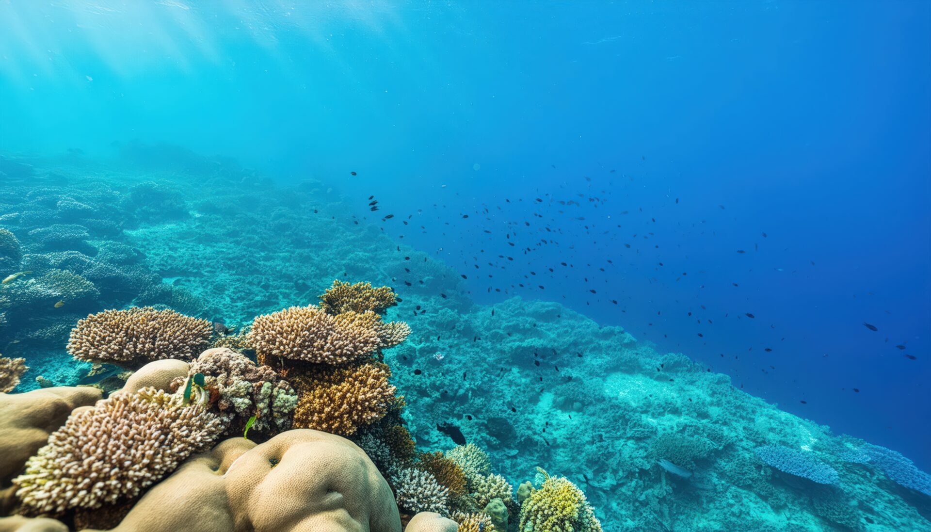 太陽光が差し込む美しいサンゴ礁の風景