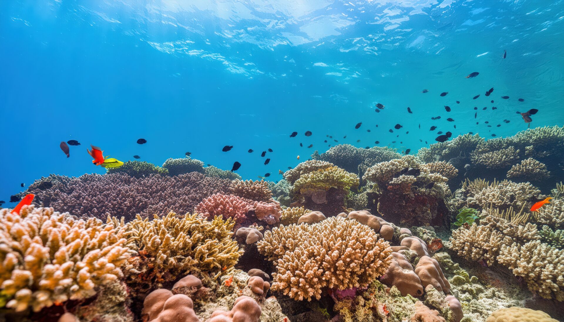 太陽光が差し込む美しいサンゴ礁の風景