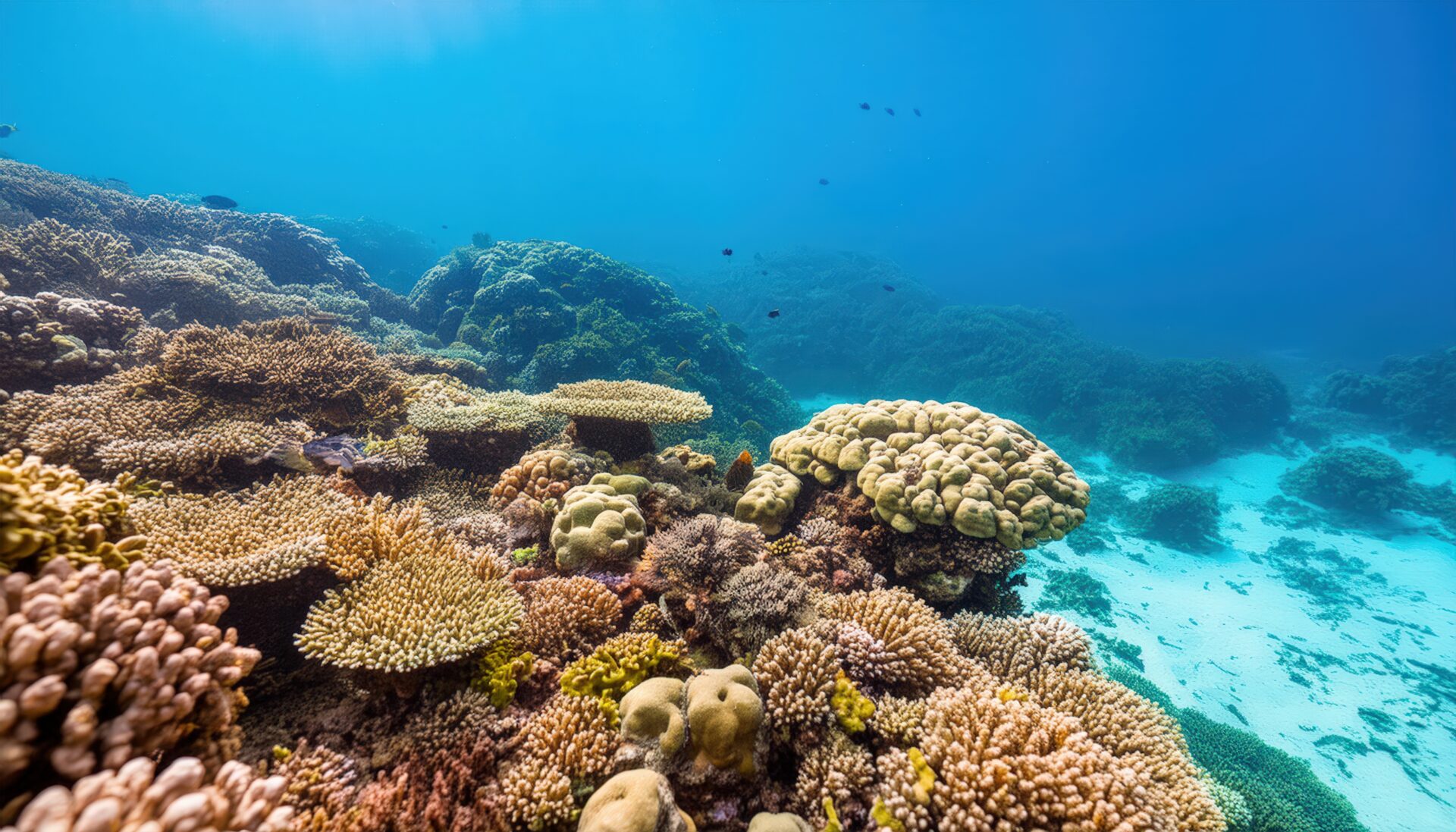 太陽光が差し込む美しいサンゴ礁の風景