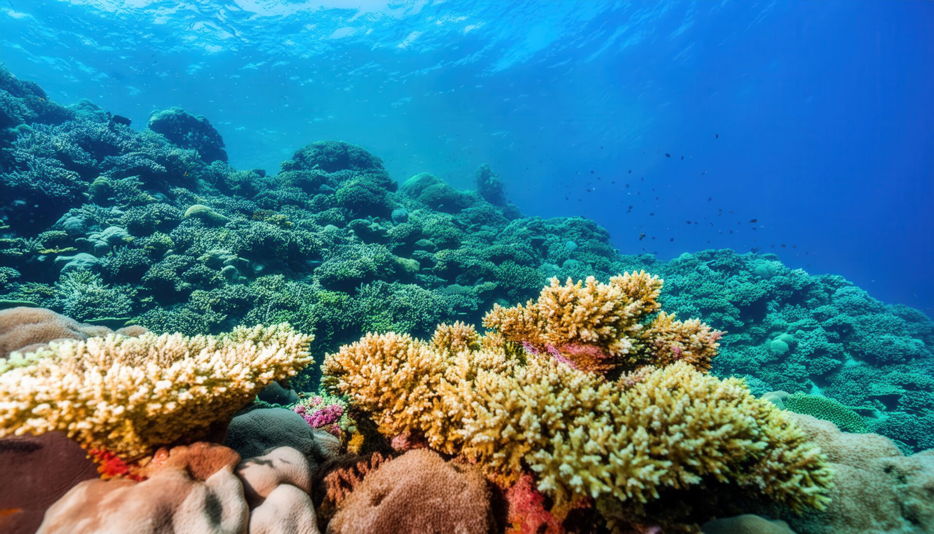 太陽光が差し込む美しいサンゴ礁の風景