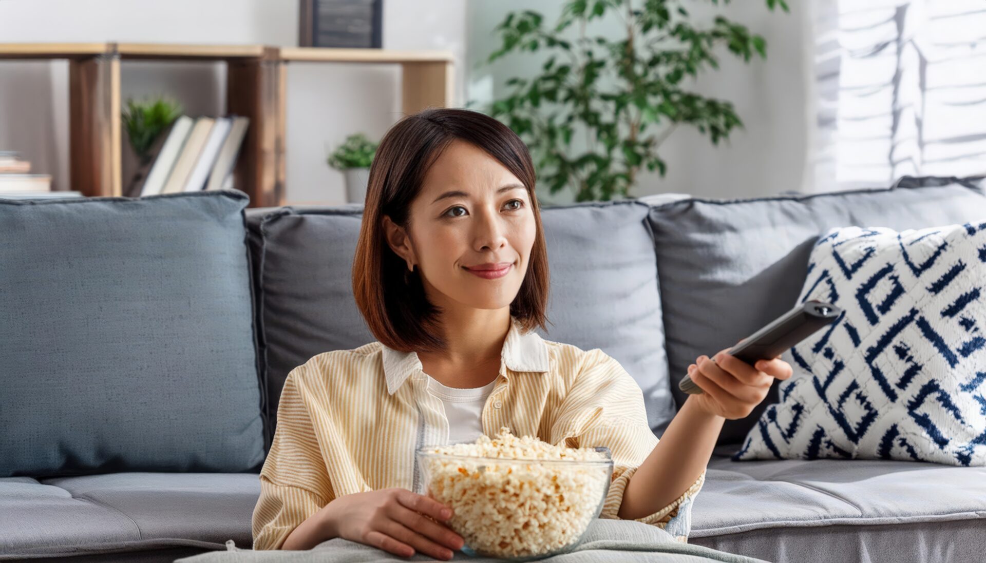 ソファでリモコンを持つ女性