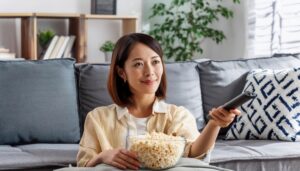 ソファでリモコンを持つ女性