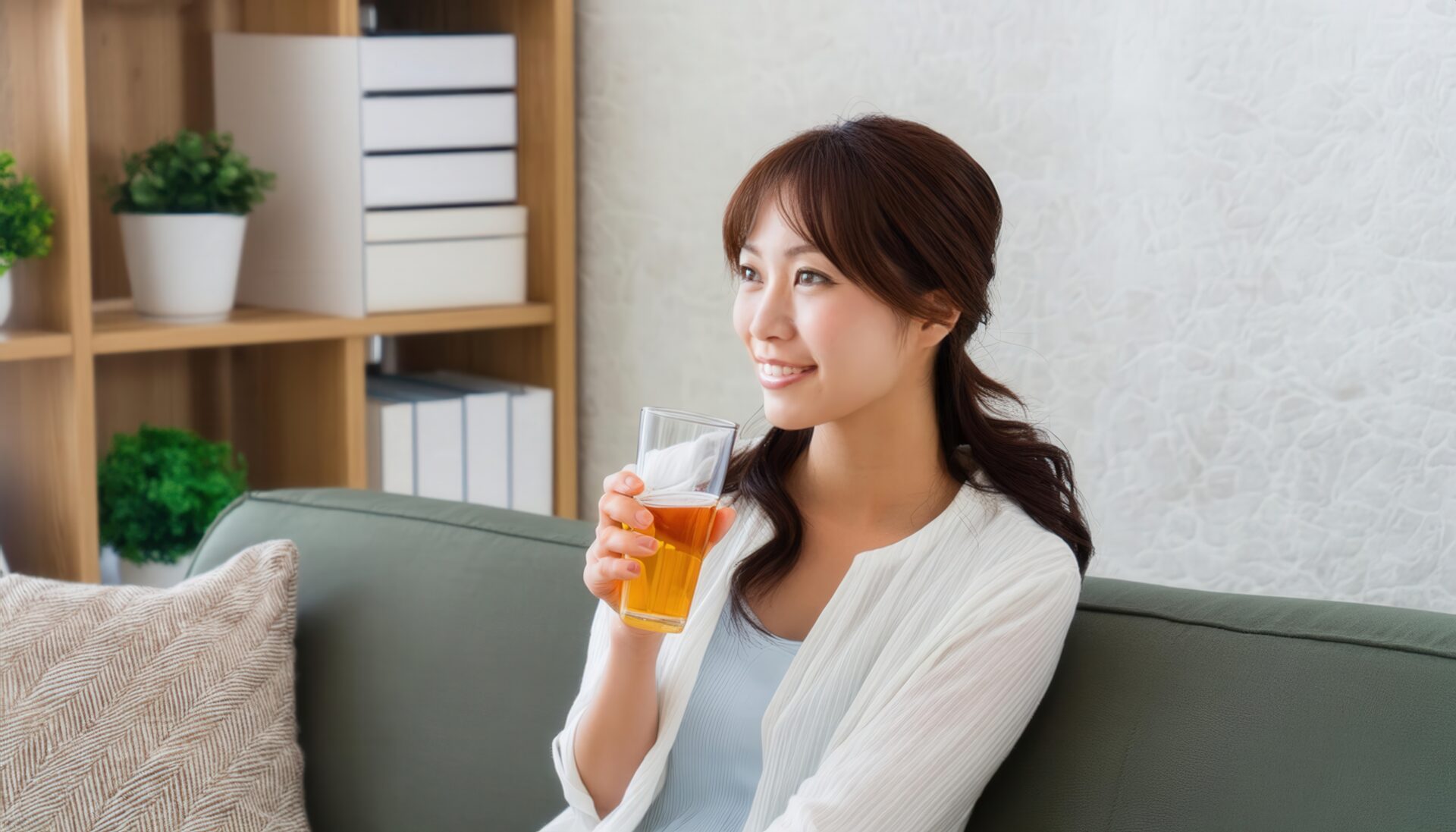 ドリンクを片手に微笑む女性