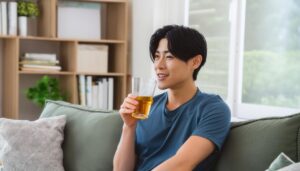 ドリンクを片手にくつろぐ男性