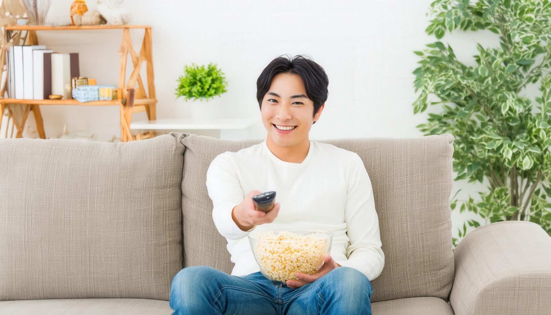 リモコンを持ちポップコーンを食べる男性