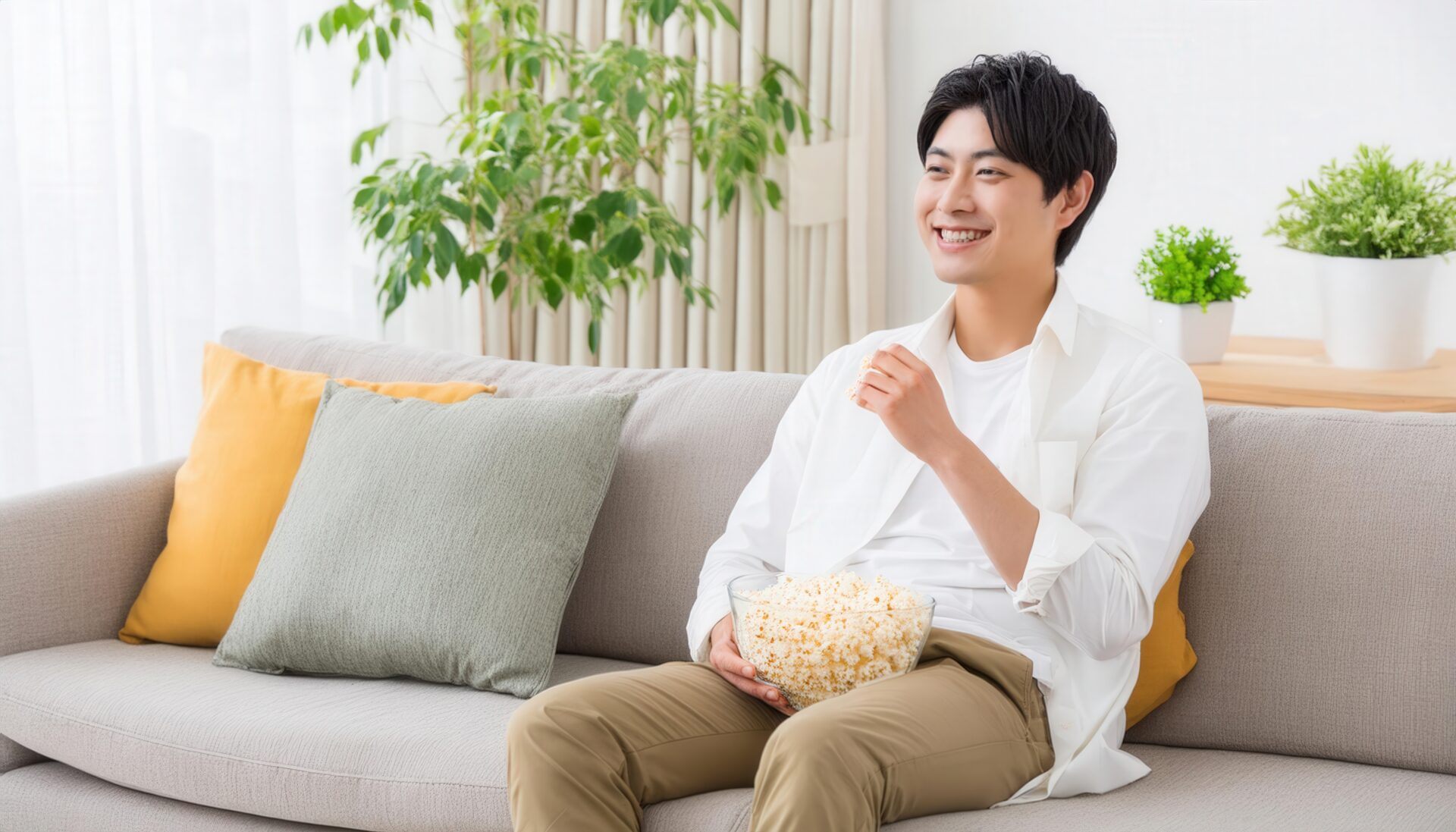 ポップコーンを食べながら笑う男性