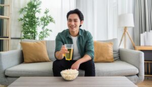 ドリンクを片手に映画を楽しむ男性