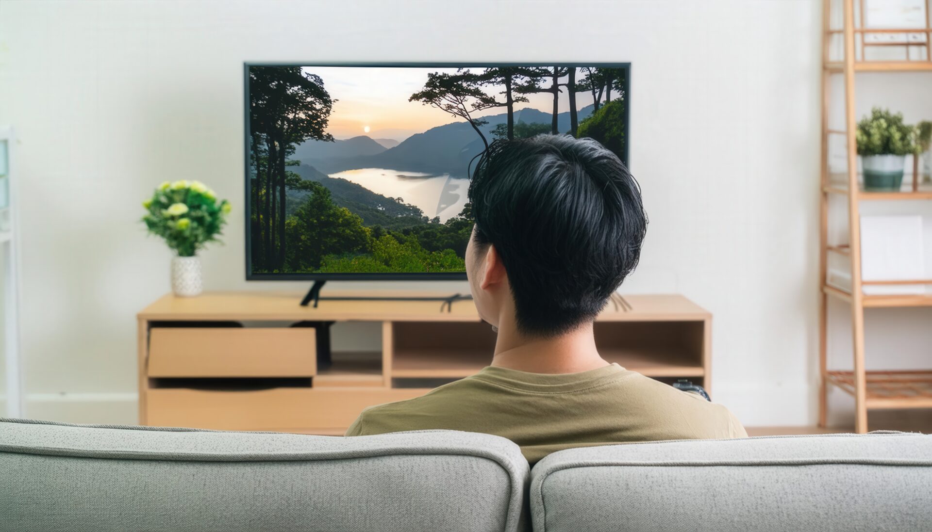 テレビで夕日を観る後ろ姿の男性