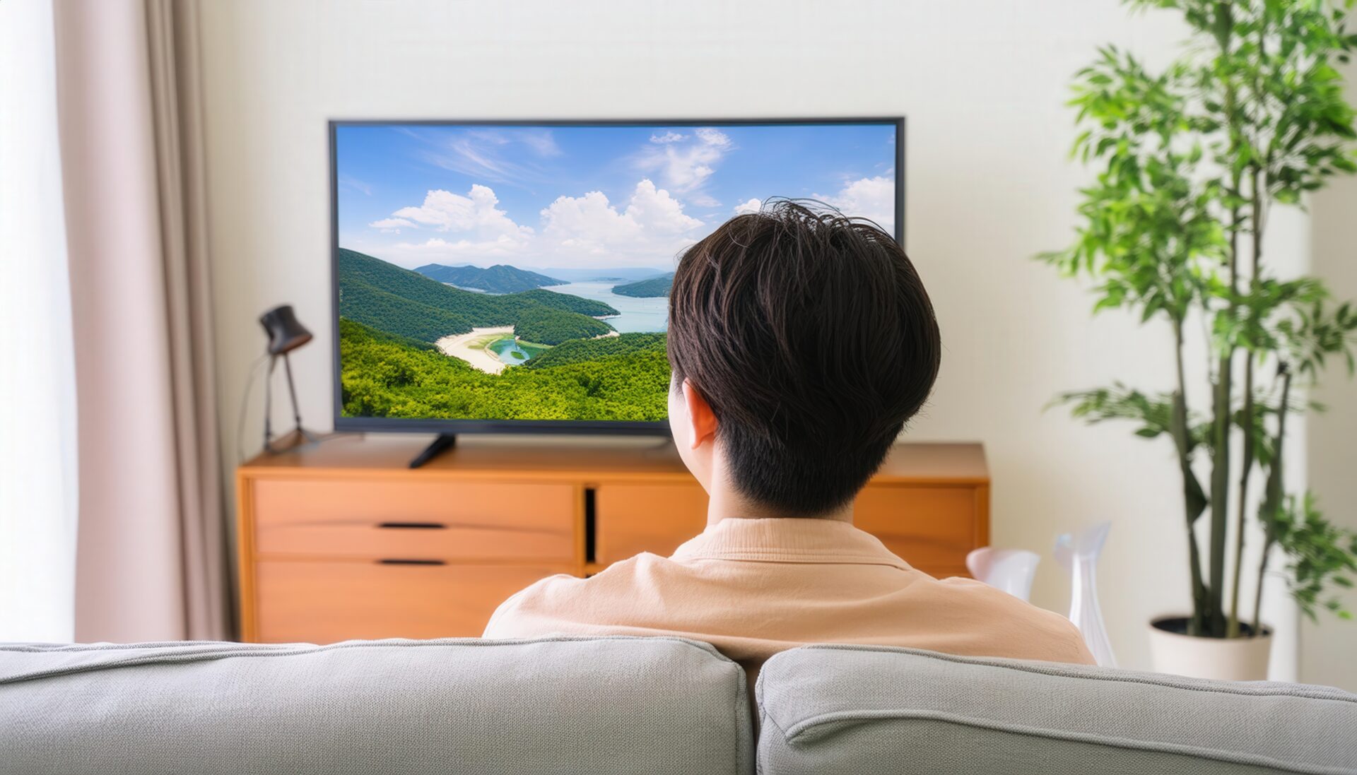 テレビで山と海の風景を観る男性