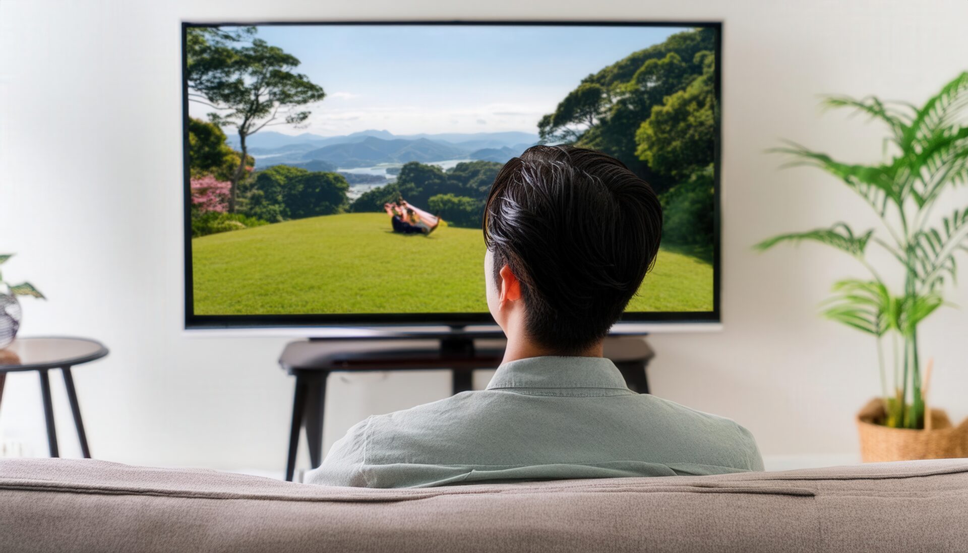 テレビで草原の風景を観る男性