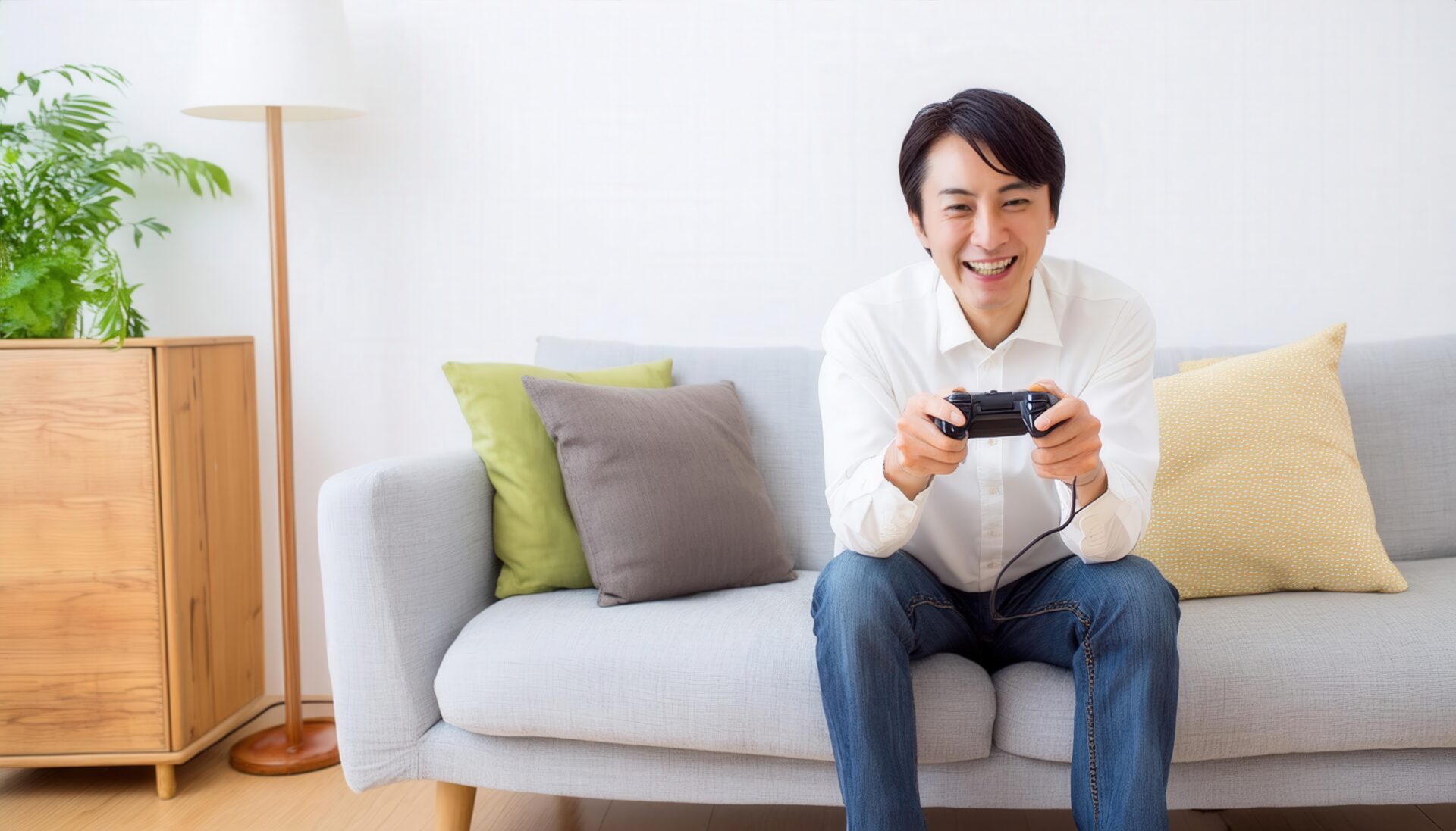 室内でゲームをする男性