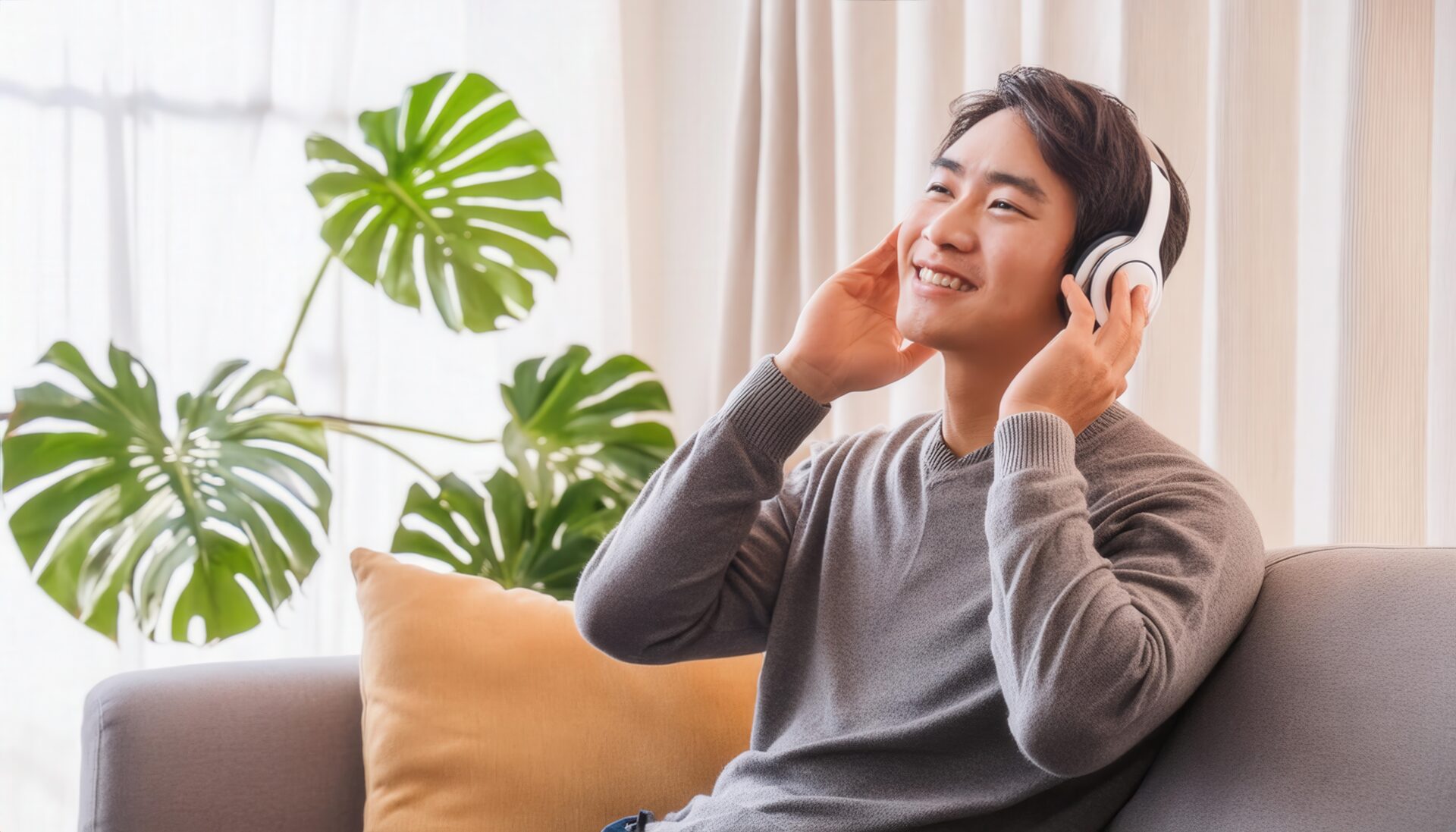 リビングで音楽を聴く男性