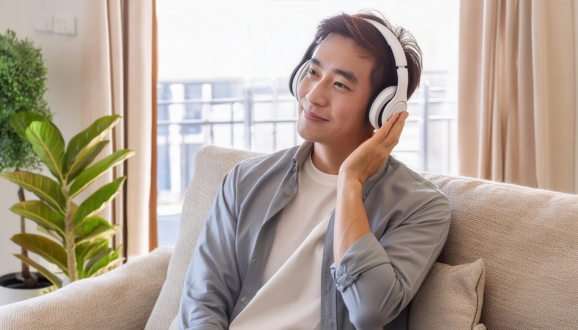 ヘッドホンをつける男性