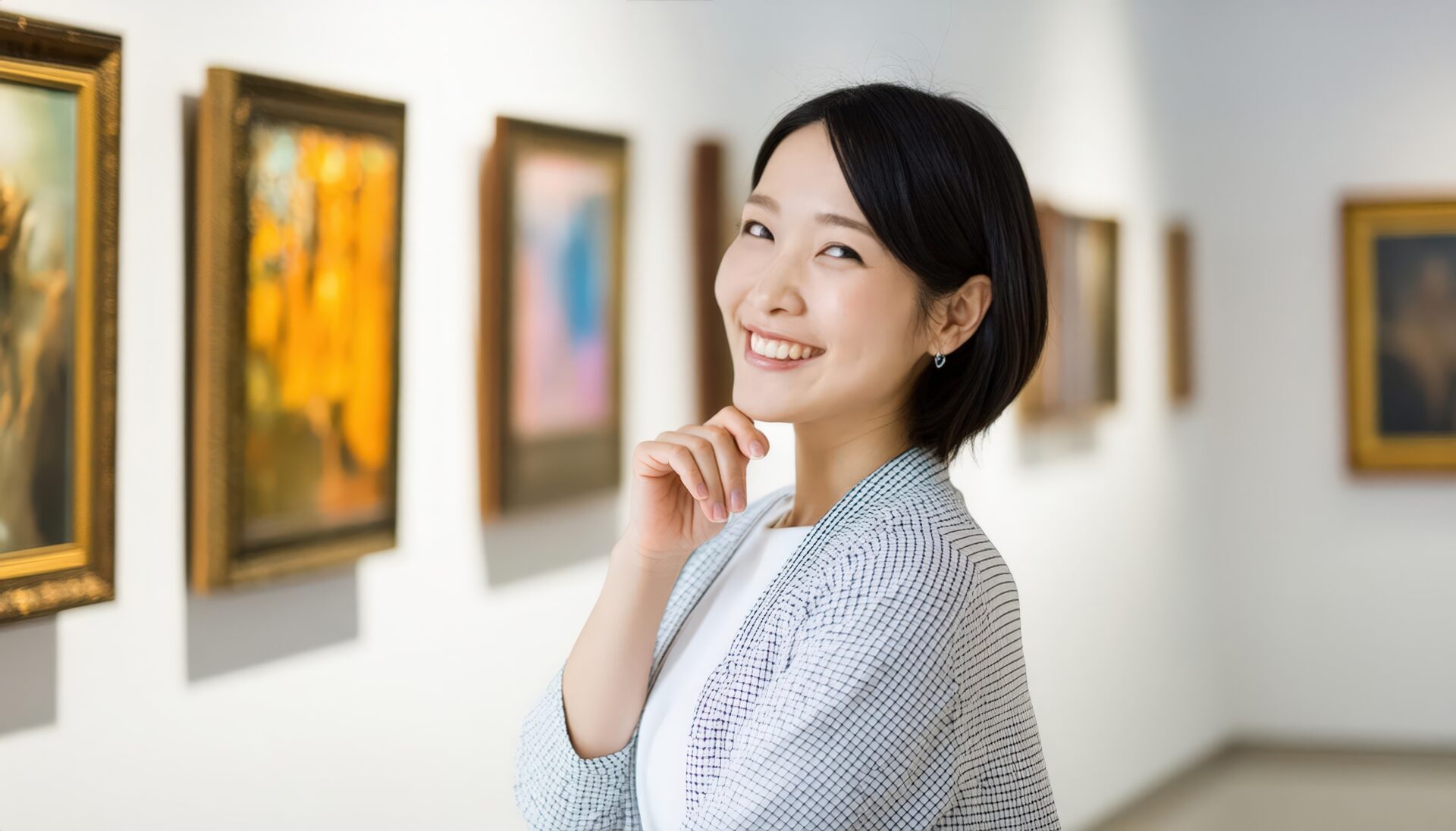 美術館で微笑む女性